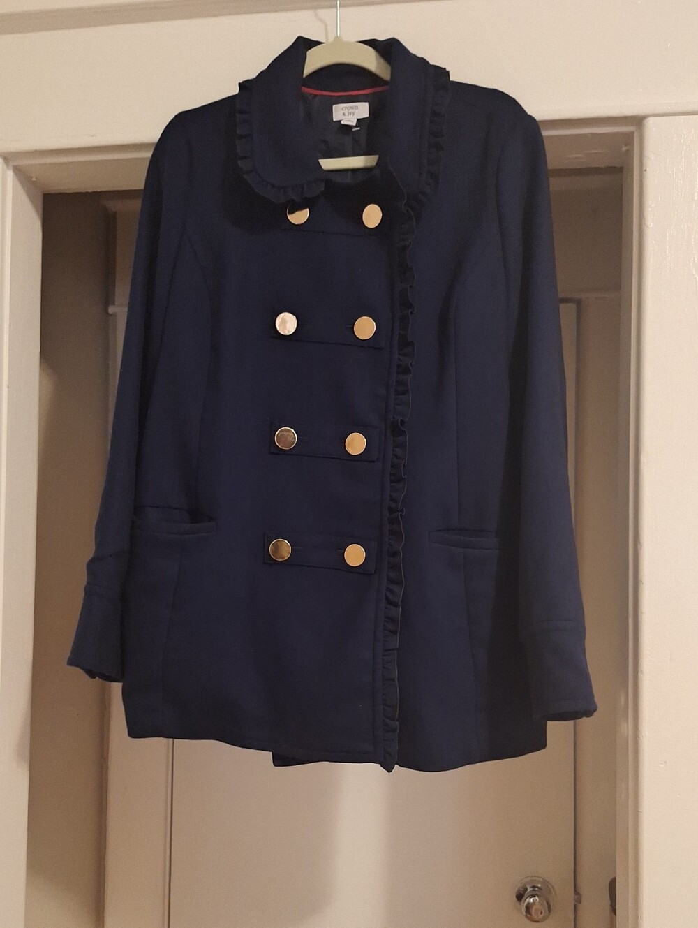 crown & ivy Navy Double-Breasted Ruffle-Trim Pea Coat with Gold Buttons